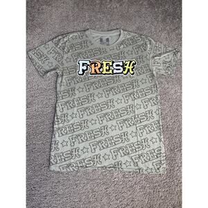 HUSTLE Shirt Mens L Green Fresh Graphic Allover Print Crew Neck Tagless